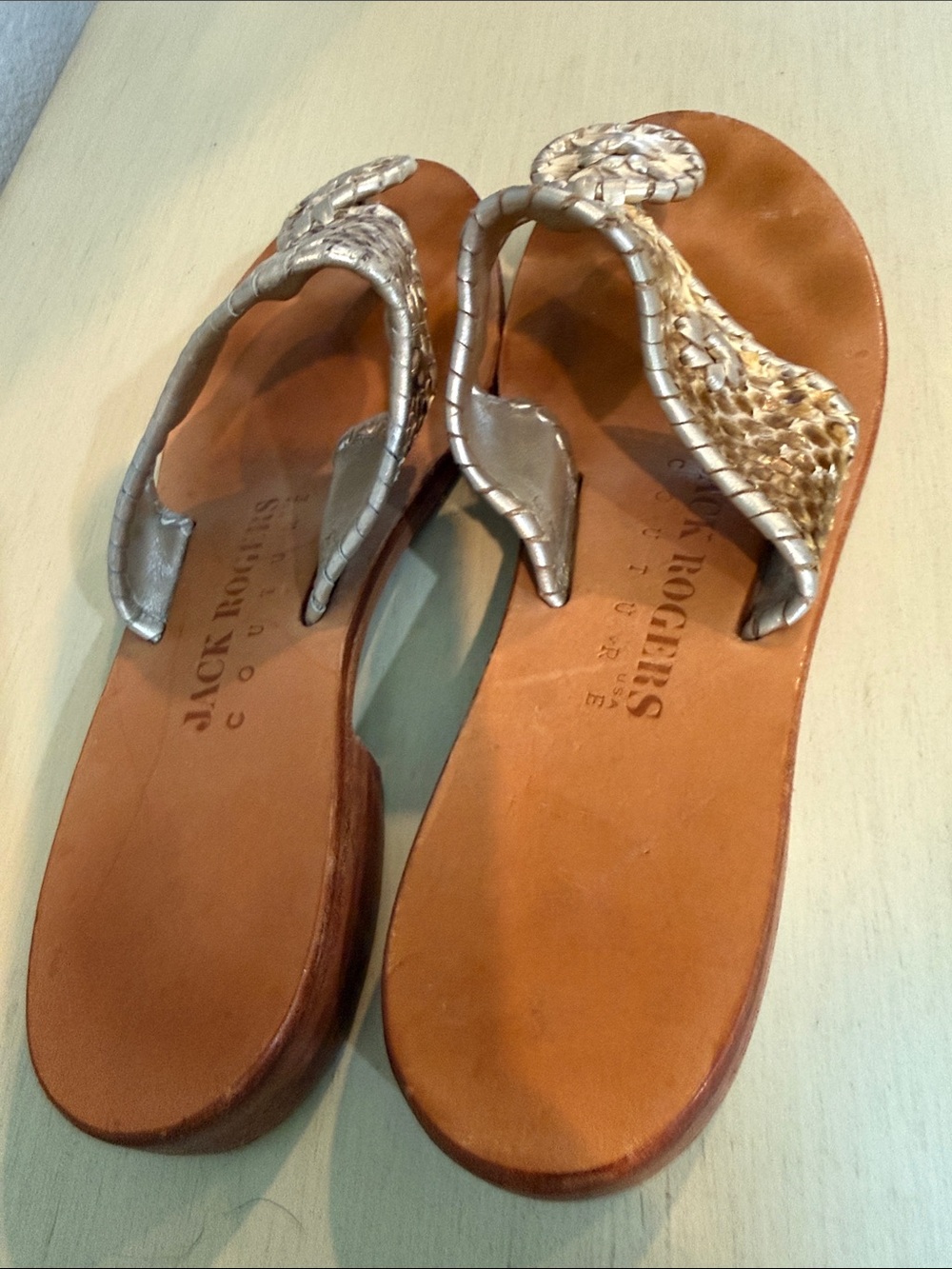Jack Rogers Tan Leather Footbed Sandals with Silver Braided Straps #1000-4